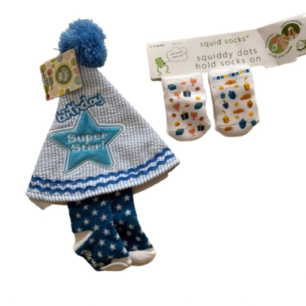 Blue and White Knitted Hat with Pom-Pom - 1st Happy Birthday